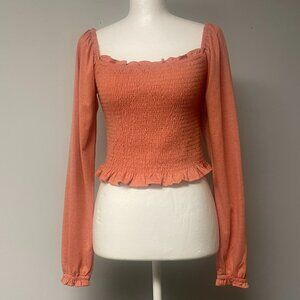 Womens Small Milkmaid Coquette Smocked Top Square Neck Long Sleeve Festival